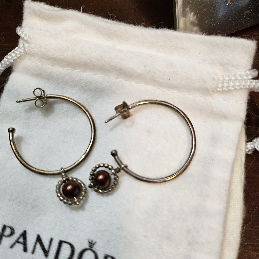 Pandora Silver Hoop Earrings with Brown Accents